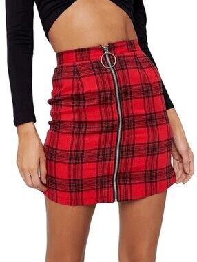SHEIN Red Plaid Zip-Front Mini Skirt